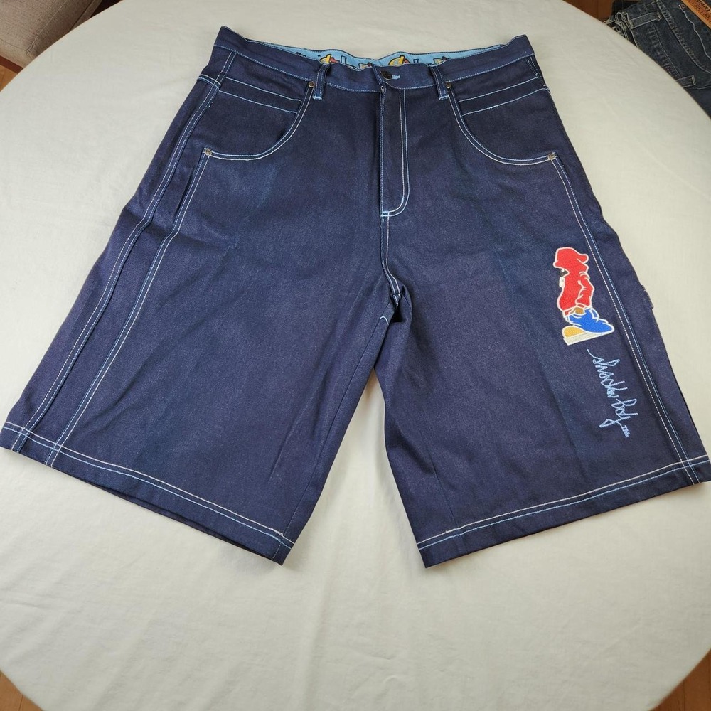 Shadow Boy Mens Blue Denim Carpenter Shorts Jorts Baggy Y2K Skater 38 x 14.5